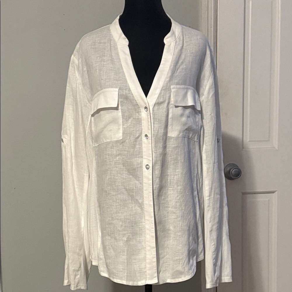 INC International Concepts White Lightweight Button-Front Blouse